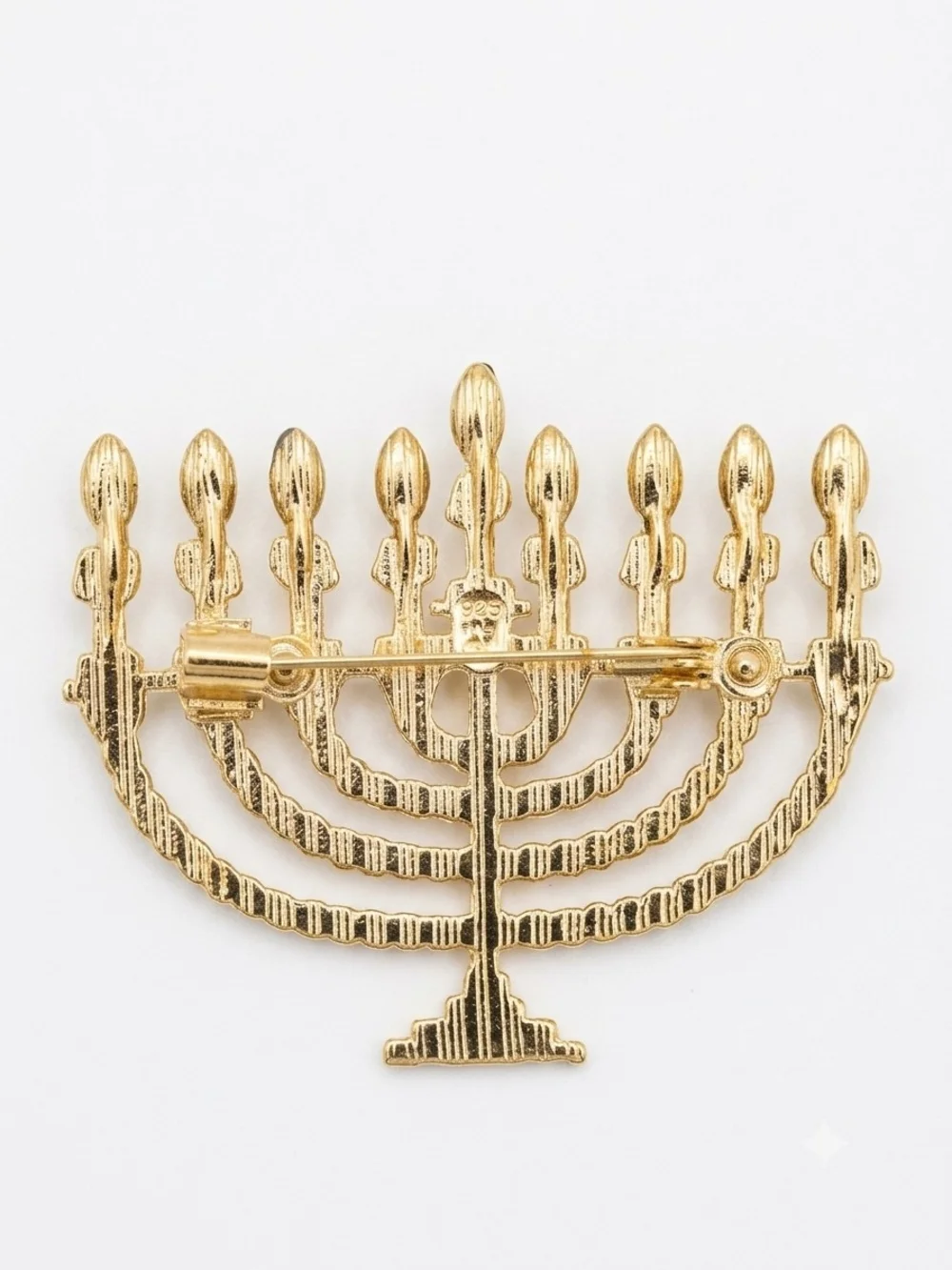 Goldtone Menorah Brooch Pin with Clear Crystal Accents